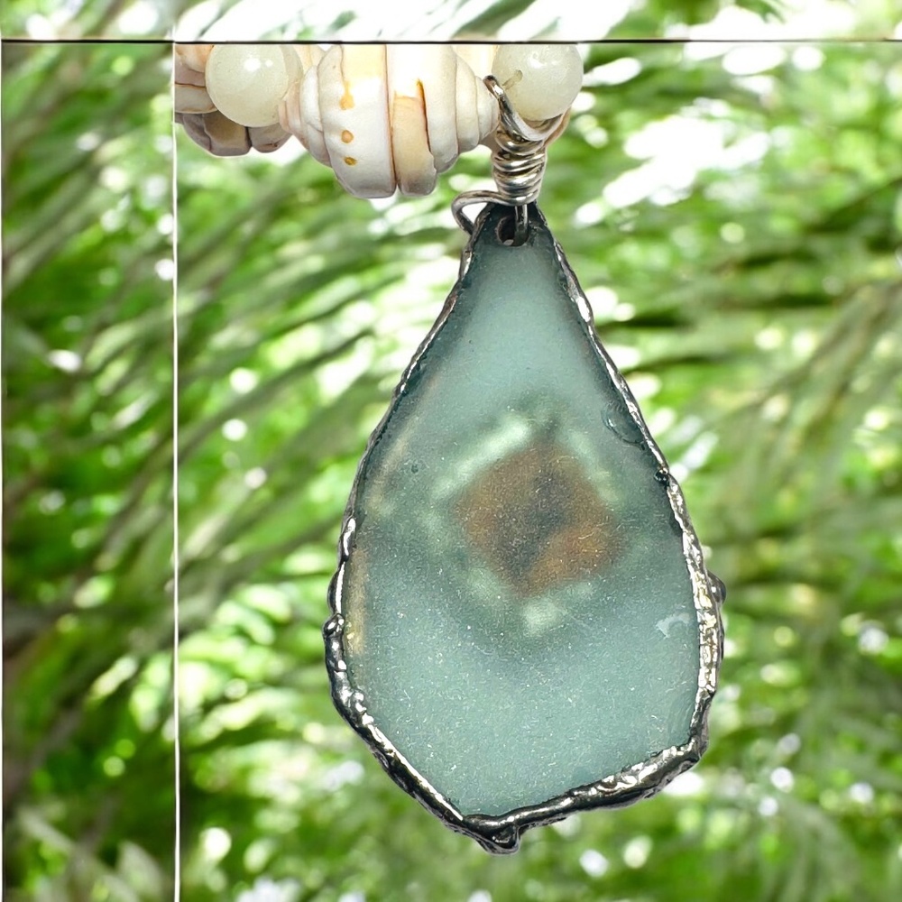 VNTG Hawaiian Heishi Puka Shell Necklace W/ Sea Glass & Copper Mermaid Pendant - Picture 9 of 16